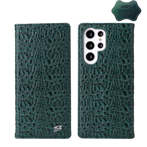 Samsung Galaxy S22 Ultra 5G Fierre Shann Crocodile Texture Magnetic Genuine Leather Phone Case - Green